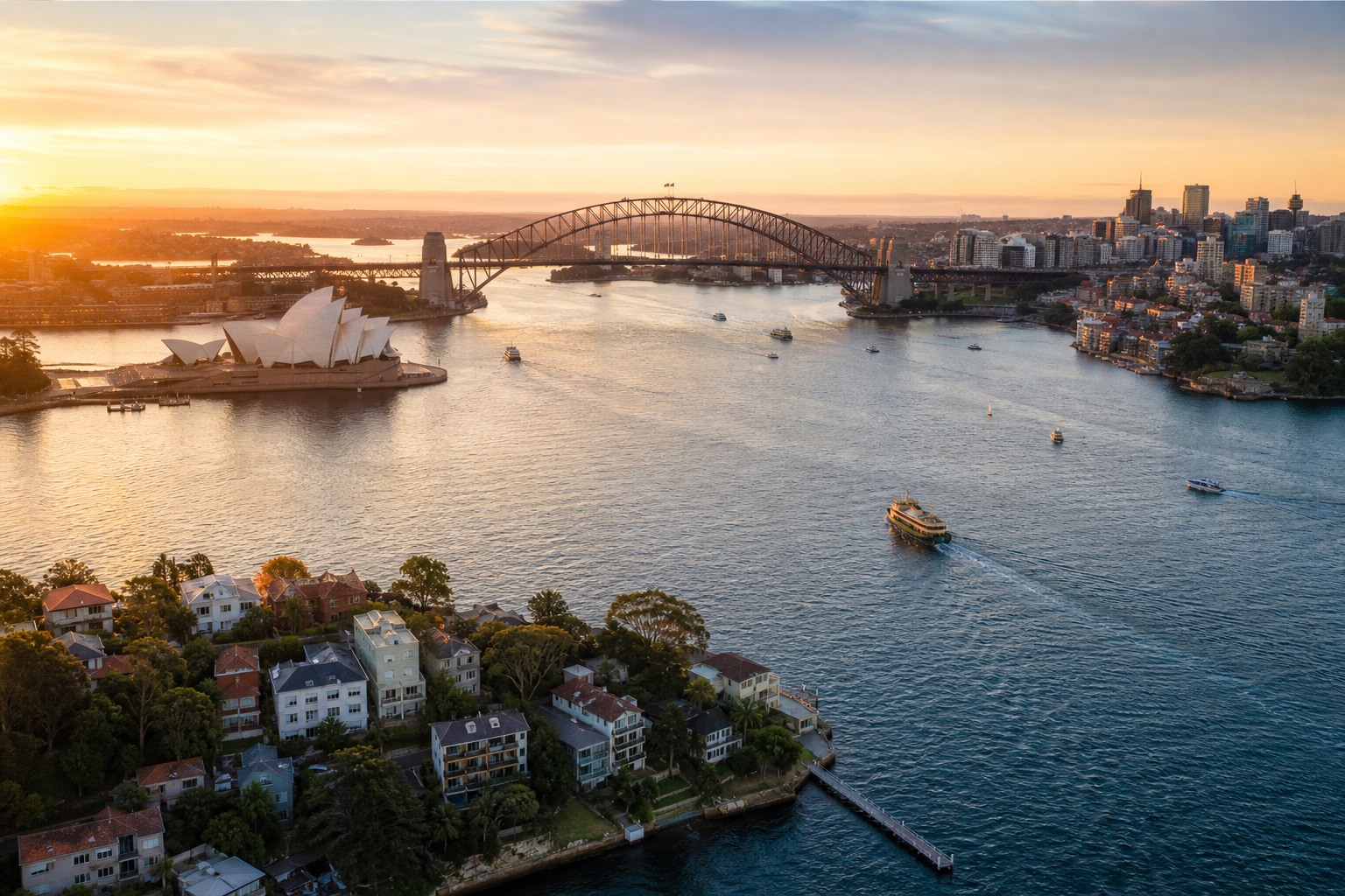 An aerial view of Sydney Harbour at dawn