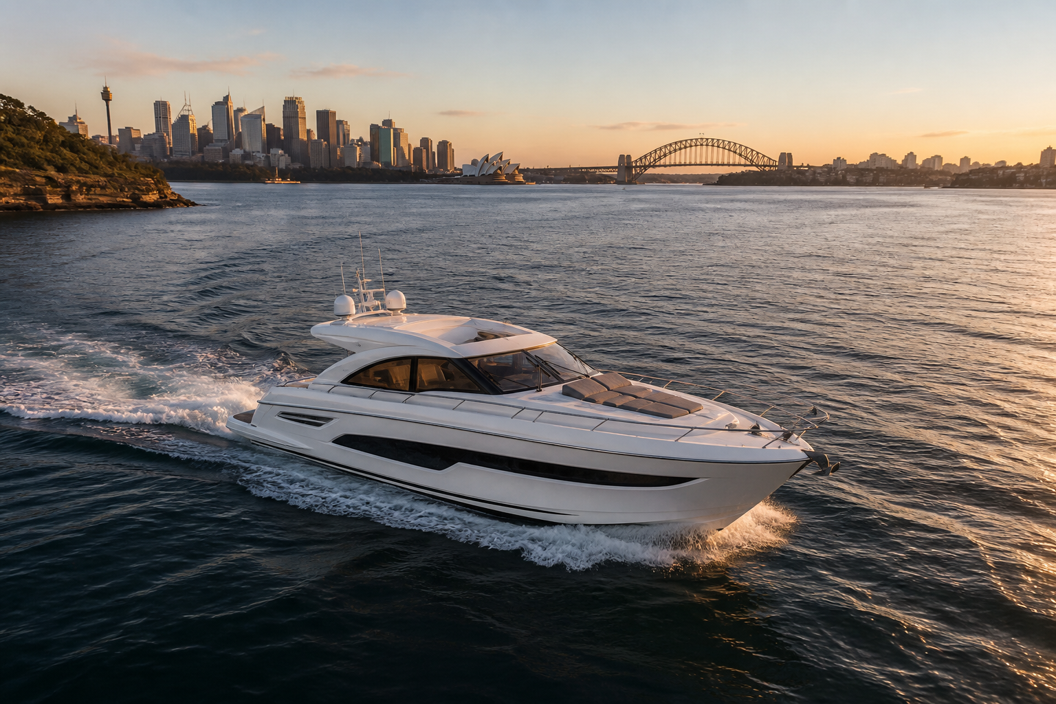A yacht charter at sunset on Sydney Harbour